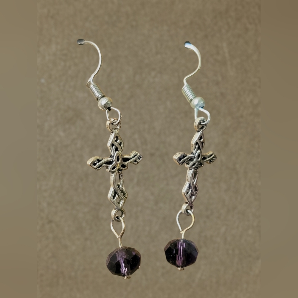 Elegant Silver Cross Earrings with Purple Bead Accents
